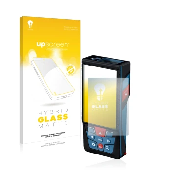 Parte frontal de un envase de producto con el logotipo de la marca upscreen. Al lado se muestra el dispositivo Bosch GLM 150-2