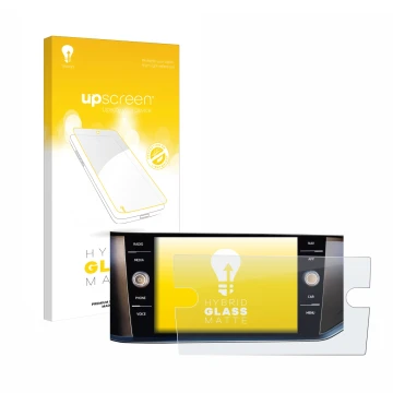 Parte frontal de un envase de producto con el logotipo de la marca upscreen. Al lado se muestra el dispositivo Volkswagen T-Cr