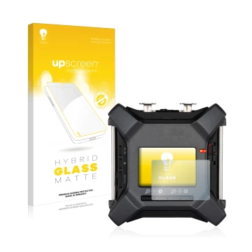 Parte frontal de un envase de producto con el logotipo de la marca upscreen. Al lado se muestra el dispositivo Zoom F3 field r