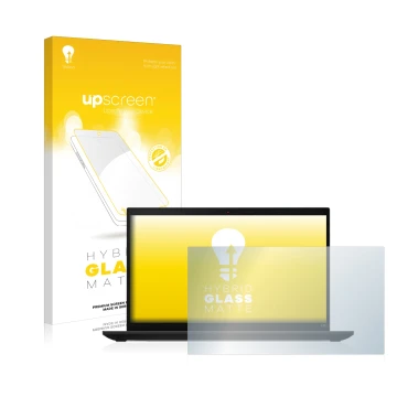Parte frontal de un envase de producto con el logotipo de la marca upscreen. Al lado se muestra el dispositivo Lenovo ThinkPad