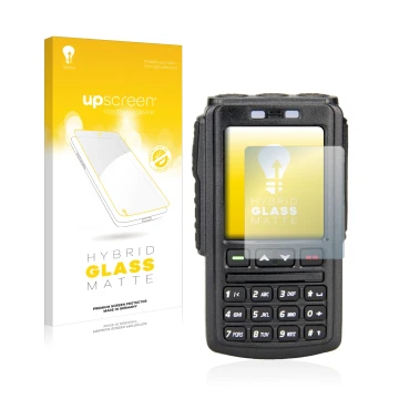 Parte frontal de un envase de producto con el logotipo de la marca upscreen. Al lado se muestra el dispositivo AnyTone BT-01 c