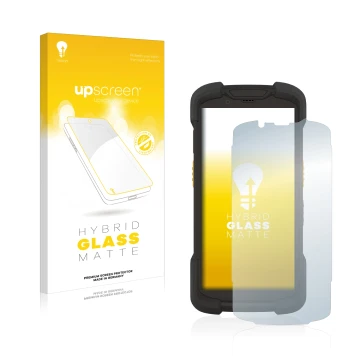 Parte frontal de un envase de producto con el logotipo de la marca upscreen. Al lado se muestra el dispositivo Zebra TC73 con 