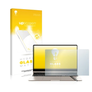 Parte frontal de un envase de producto con el logotipo de la marca upscreen. Al lado se muestra el dispositivo Samsung Galaxy 