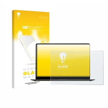 Parte frontal de un envase de producto con el logotipo de la marca upscreen. Al lado se muestra el dispositivo Samsung Galaxy 