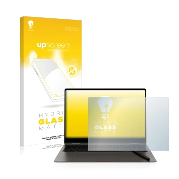 Parte frontal de un envase de producto con el logotipo de la marca upscreen. Al lado se muestra el dispositivo Samsung Galaxy 