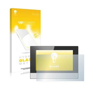 Parte frontal de un envase de producto con el logotipo de la marca upscreen. Al lado se muestra el dispositivo Hikvision DS-KH