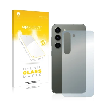 Parte frontal de un envase de producto con el logotipo de la marca upscreen. Al lado se muestra el dispositivo Samsung Galaxy 