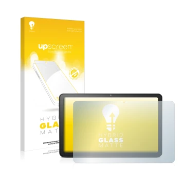 Parte frontal de un envase de producto con el logotipo de la marca upscreen. Al lado se muestra el dispositivo Doro Tablet 10.