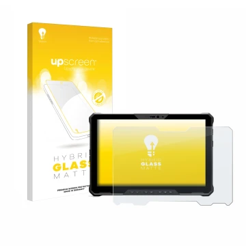 Parte frontal de un envase de producto con el logotipo de la marca upscreen. Al lado se muestra el dispositivo Dell Latitude 7