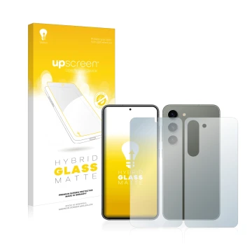 Parte frontal de un envase de producto con el logotipo de la marca upscreen. Al lado se muestra el dispositivo Samsung Galaxy 