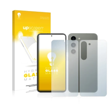 Parte frontal de un envase de producto con el logotipo de la marca upscreen. Al lado se muestra el dispositivo Samsung Galaxy 