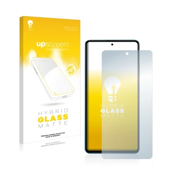 Parte frontal de un envase de producto con el logotipo de la marca upscreen. Al lado se muestra el dispositivo Xiaomi Poco X5 