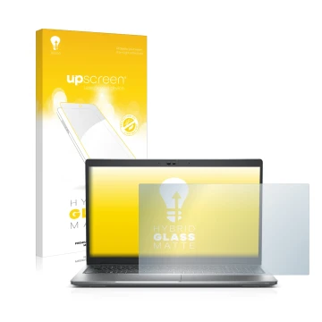 Parte frontal de un envase de producto con el logotipo de la marca upscreen. Al lado se muestra el dispositivo Dell Latitude 5