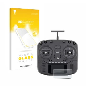 Parte frontal de un envase de producto con el logotipo de la marca upscreen. Al lado se muestra el dispositivo Radiomaster Box