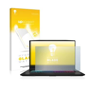 Parte frontal de un envase de producto con el logotipo de la marca upscreen. Al lado se muestra el dispositivo MSI Katana 17 B