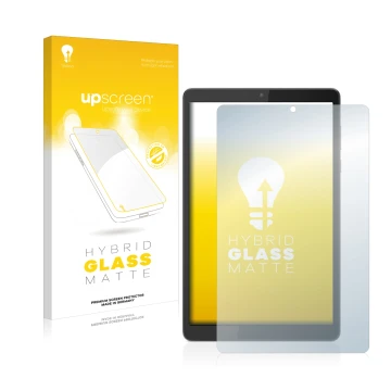 Parte frontal de un envase de producto con el logotipo de la marca upscreen. Al lado se muestra el dispositivo Lenovo Tab M8 (