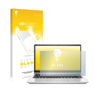 Parte frontal de un envase de producto con el logotipo de la marca upscreen. Al lado se muestra el dispositivo HP ProBook 445 