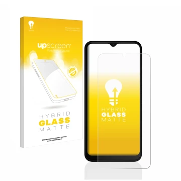 Parte frontal de un envase de producto con el logotipo de la marca upscreen. Al lado se muestra el dispositivo Nokia C22 con s