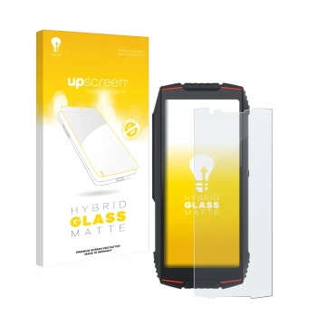 Parte frontal de un envase de producto con el logotipo de la marca upscreen. Al lado se muestra el dispositivo Cubot King Kong