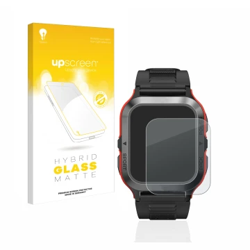 Parte frontal de un envase de producto con el logotipo de la marca upscreen. Al lado se muestra el dispositivo Kospet Tank M2 