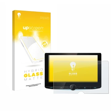 Parte frontal de un envase de producto con el logotipo de la marca upscreen. Al lado se muestra el dispositivo Kenwood DNR992R