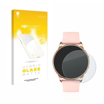 Parte frontal de un envase de producto con el logotipo de la marca upscreen. Al lado se muestra el dispositivo Levowatch F2 co