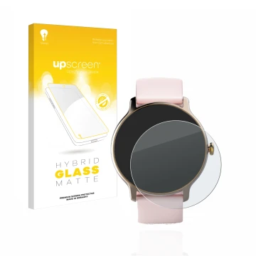 Parte frontal de un envase de producto con el logotipo de la marca upscreen. Al lado se muestra el dispositivo Hama Fit Watch 
