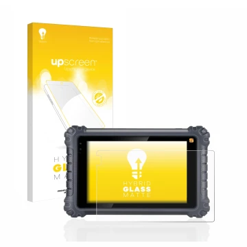Parte frontal de un envase de producto con el logotipo de la marca upscreen. Al lado se muestra el dispositivo Autel MaxiCom M