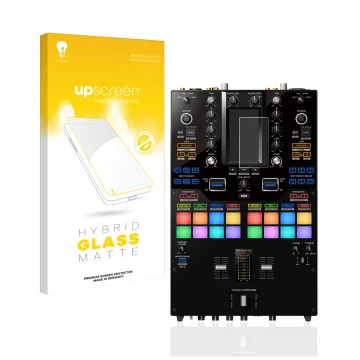 Parte frontal de un envase de producto con el logotipo de la marca upscreen. Al lado se muestra el dispositivo Pioneer DJM-S11