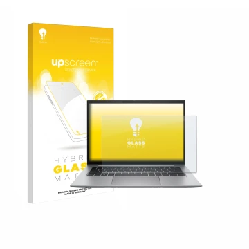 Parte frontal de un envase de producto con el logotipo de la marca upscreen. Al lado se muestra el dispositivo HP Zbook Firefl