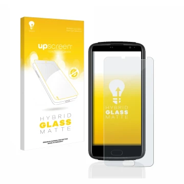 Parte frontal de un envase de producto con el logotipo de la marca upscreen. Al lado se muestra el dispositivo Beafon M7 Lite 