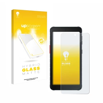 Parte frontal de un envase de producto con el logotipo de la marca upscreen. Al lado se muestra el dispositivo Samsung Galaxy 