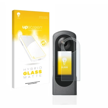 Parte frontal de un envase de producto con el logotipo de la marca upscreen. Al lado se muestra el dispositivo Ricoh Theta X c