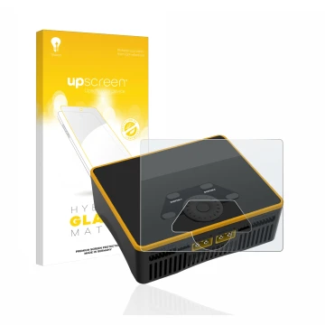 Parte frontal de un envase de producto con el logotipo de la marca upscreen. Al lado se muestra el dispositivo Junsi iCharger 