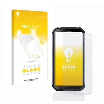 Parte frontal de un envase de producto con el logotipo de la marca upscreen. Al lado se muestra el dispositivo Doogee S41 con 