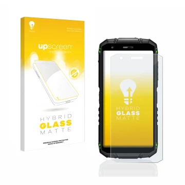 Parte frontal de un envase de producto con el logotipo de la marca upscreen. Al lado se muestra el dispositivo Doogee S41 Pro 