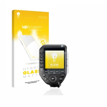 Parte frontal de un envase de producto con el logotipo de la marca upscreen. Al lado se muestra el dispositivo Godox XPro II c