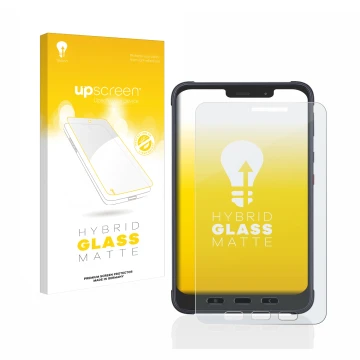 Parte frontal de un envase de producto con el logotipo de la marca upscreen. Al lado se muestra el dispositivo Samsung Galaxy 