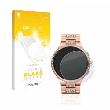 Parte frontal de un envase de producto con el logotipo de la marca upscreen. Al lado se muestra el dispositivo Michael Kors Ca