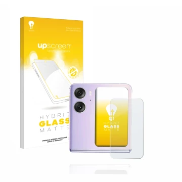 Parte frontal de un envase de producto con el logotipo de la marca upscreen. Al lado se muestra el dispositivo Oppo Find N2 Fl