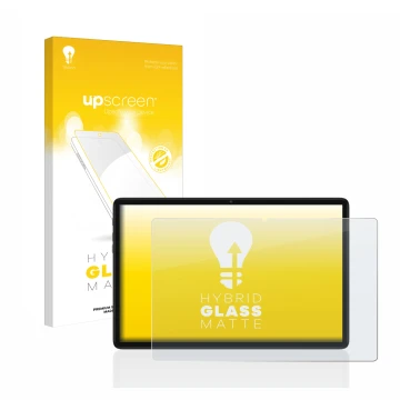 Parte frontal de un envase de producto con el logotipo de la marca upscreen. Al lado se muestra el dispositivo Teclast P40HD c