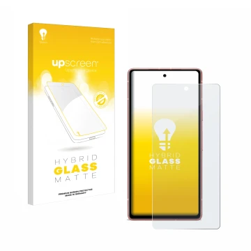 Parte frontal de un envase de producto con el logotipo de la marca upscreen. Al lado se muestra el dispositivo Google Pixel 7a