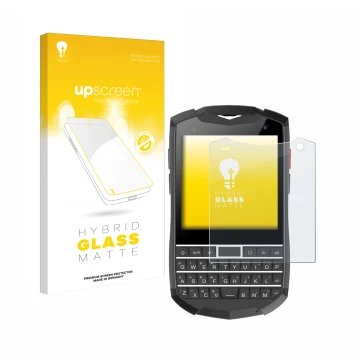 Parte frontal de un envase de producto con el logotipo de la marca upscreen. Al lado se muestra el dispositivo Unihertz Titan 