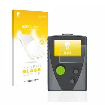 Parte frontal de un envase de producto con el logotipo de la marca upscreen. Al lado se muestra el dispositivo Swissphone Boss