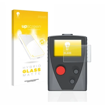 Parte frontal de un envase de producto con el logotipo de la marca upscreen. Al lado se muestra el dispositivo Swissphone Boss