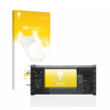 Parte frontal de un envase de producto con el logotipo de la marca upscreen. Al lado se muestra el dispositivo Xiegu X6100 HF-