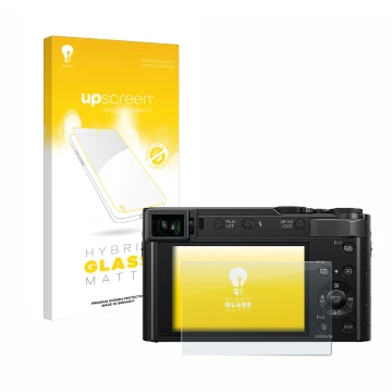 Parte frontal de un envase de producto con el logotipo de la marca upscreen. Al lado se muestra el dispositivo Panasonic Lumix
