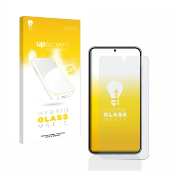 Parte frontal de un envase de producto con el logotipo de la marca upscreen. Al lado se muestra el dispositivo Samsung Galaxy 