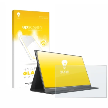 Parte frontal de un envase de producto con el logotipo de la marca upscreen. Al lado se muestra el dispositivo Arzopa S1 Table