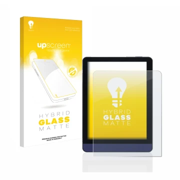Parte frontal de un envase de producto con el logotipo de la marca upscreen. Al lado se muestra el dispositivo Meebook M6 6